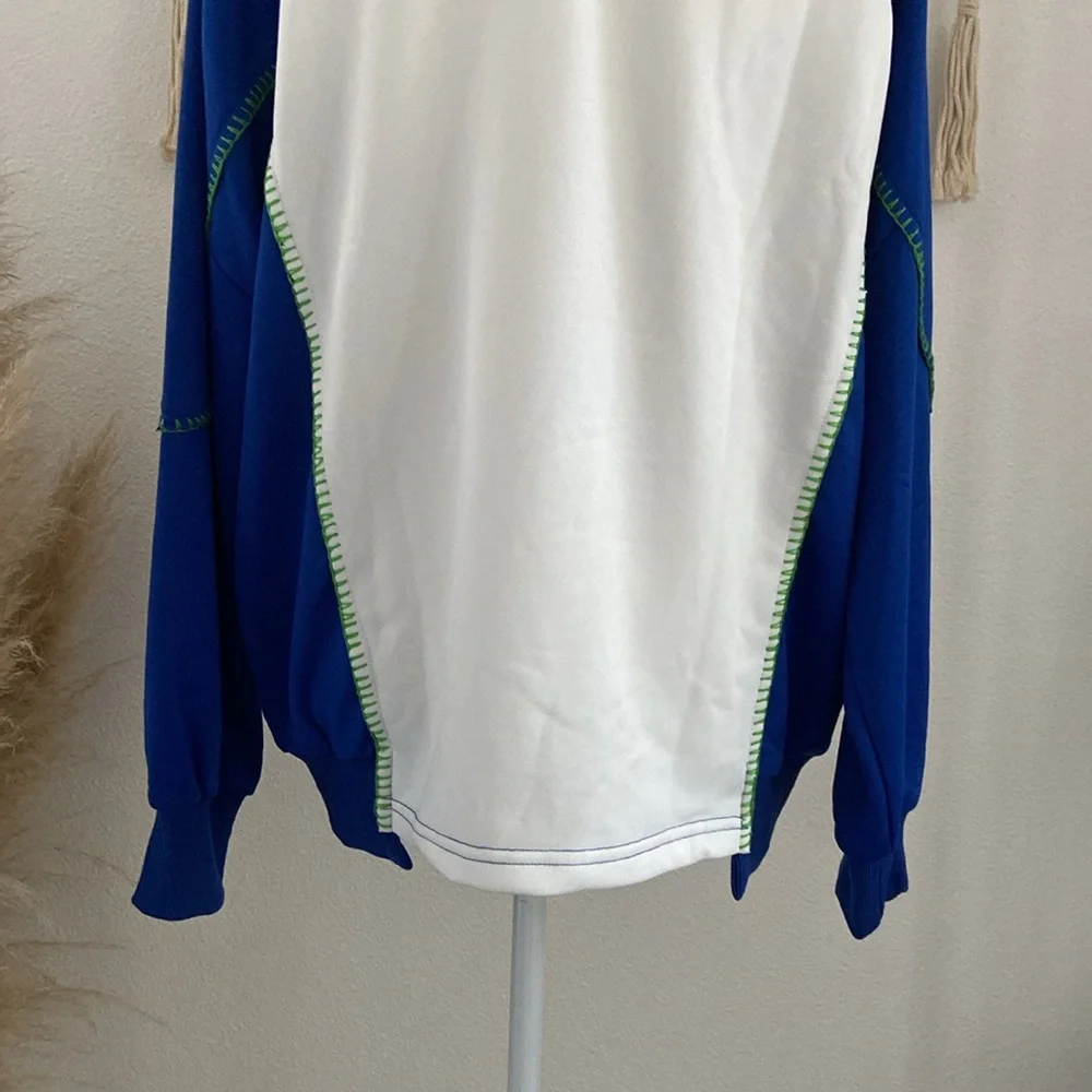 pieced sweatshirt top trendy mixed media long sleeve embroidered blue white M - Picture 11 of 16
